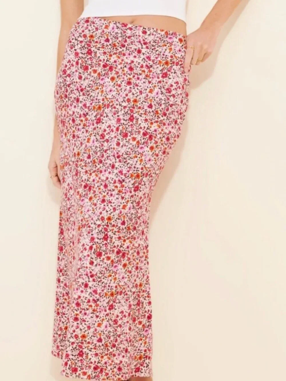 Anthropologie Floral Linen Blend Midi Skirt Pink Red Print Size XS